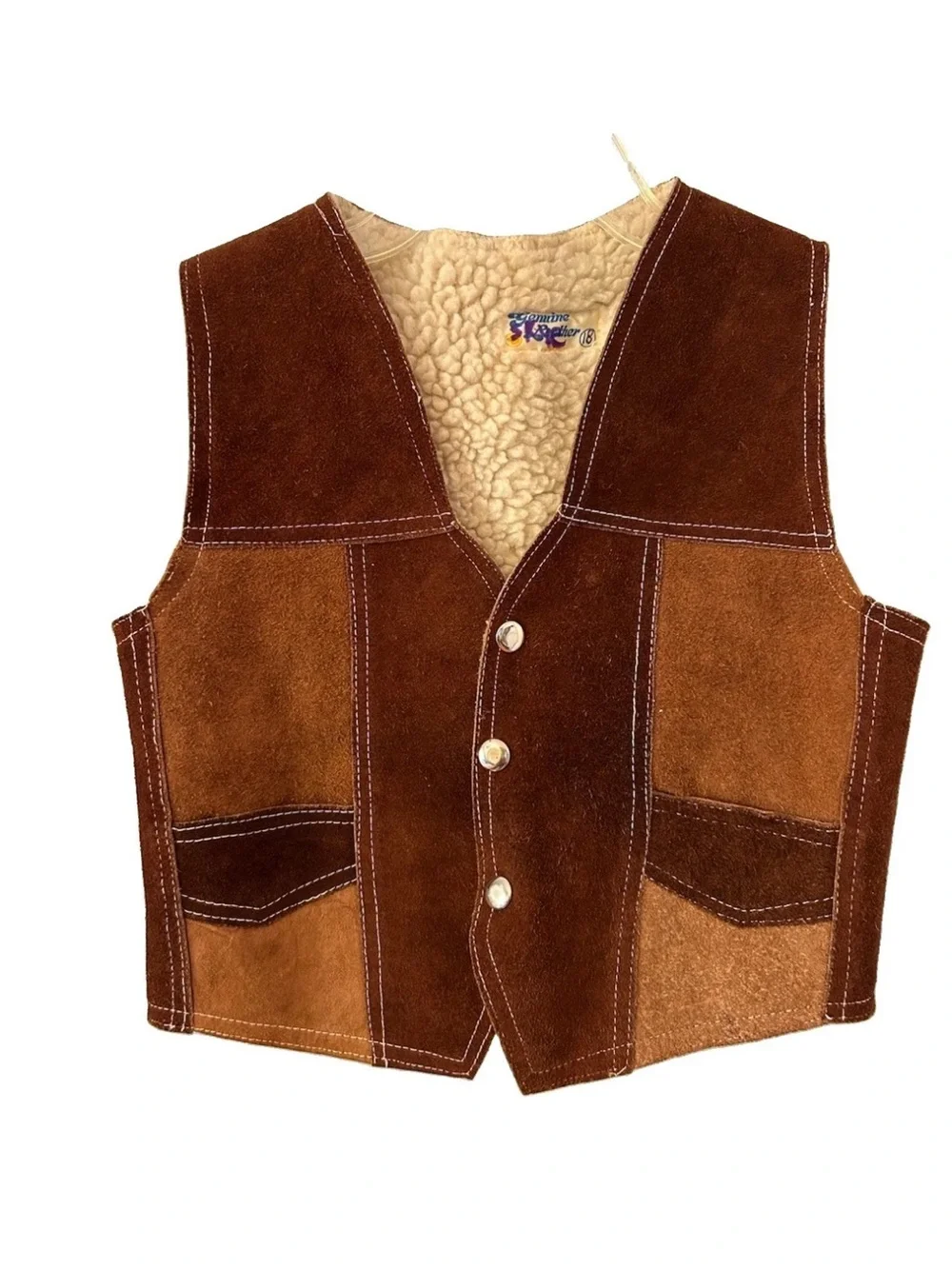 Vintage 70s Kids Suede Leather Sherpa Vest Western Patchwork Mexico Sz 18 M/L